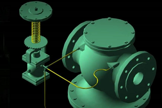 3d illustration of an industrial pump with connected valves and a pressure gauge on a metal 3d printed green background.