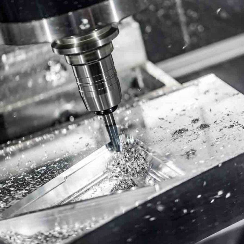 A CNC milling machine is cutting into a piece of metal, producing shavings and sparks, showcasing an efficient alternative to metal 3D printing at a reduced cost.
