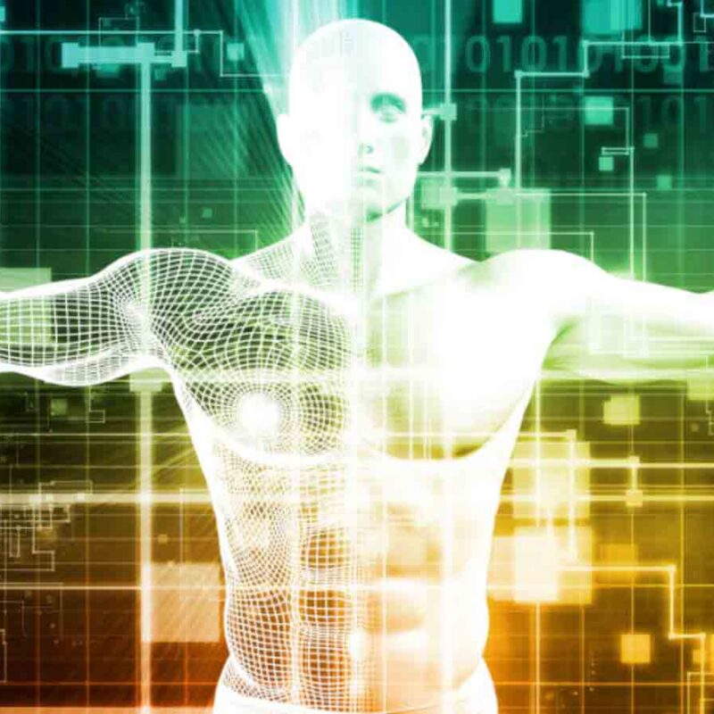 A digital rendering of a human figure with one half showing a muscle diagram and the other half displaying a wireframe, against a backdrop of abstract technological elements.