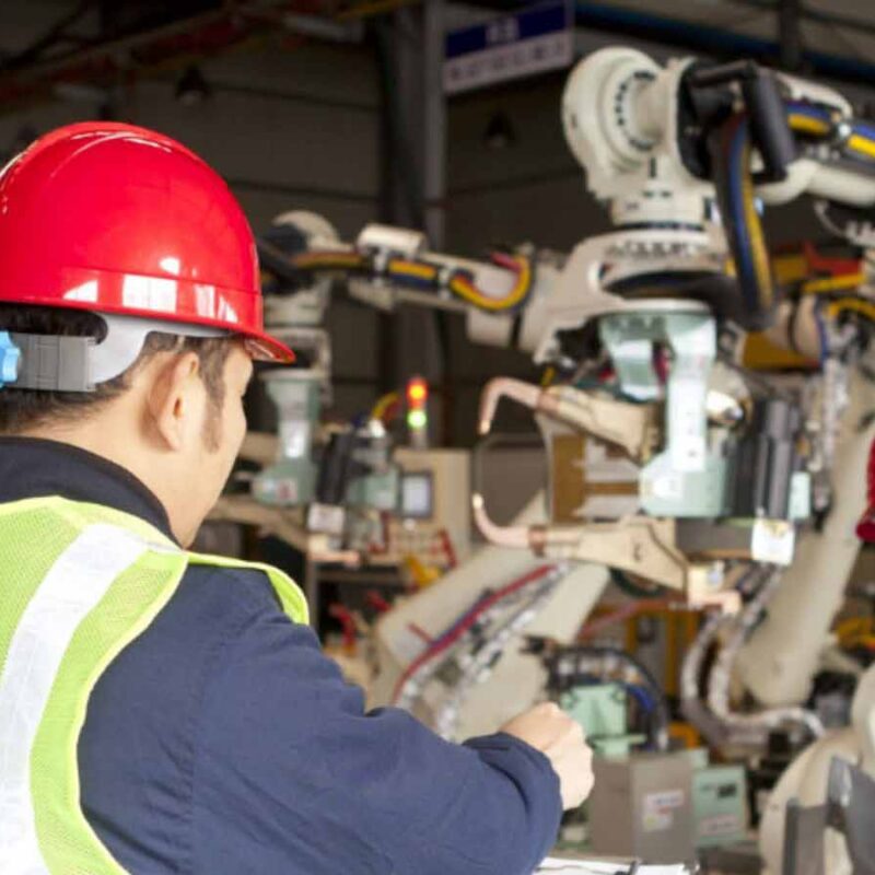 Two workers in safety gear and red helmets operate machinery in an industrial setting.