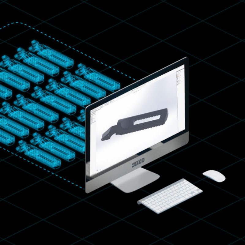 A digital illustration of a desktop computer displaying a 3d design software with blueprints of a wrench, all set on a dark grid background.