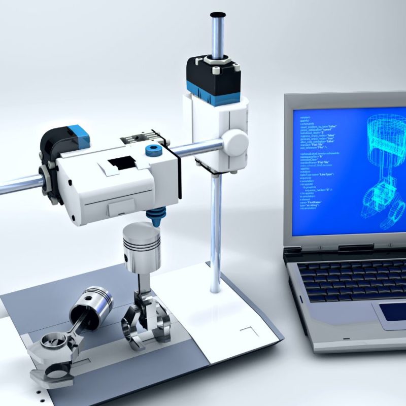 3d rendering of a robotic arm connected to a laptop displaying blueprints, with a flask on a white surface.