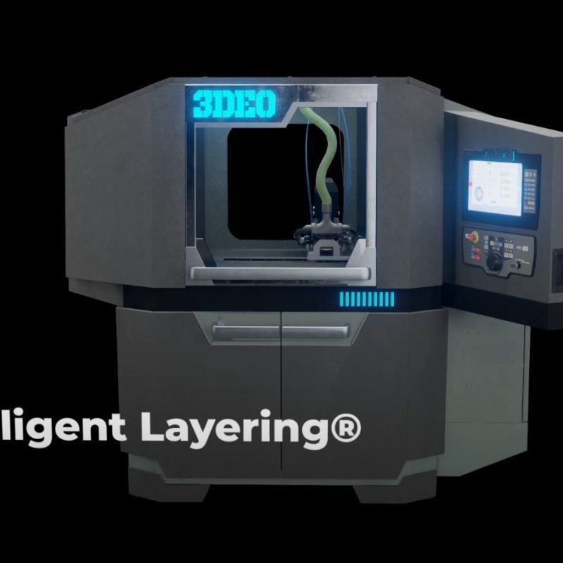 3deo metal 3d printer with intelligent layering® technology, featuring a control panel and enclosed printing area, displayed against a dark background.