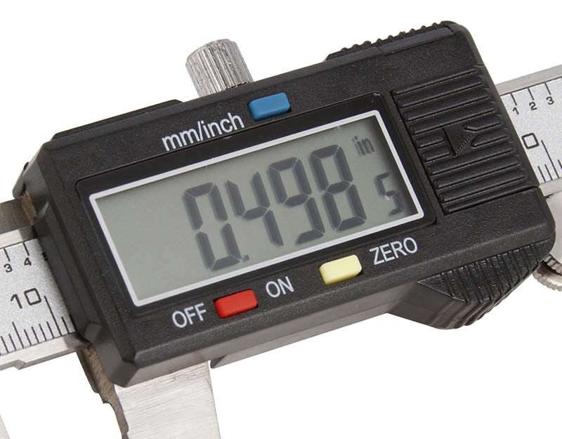 Close-up of a digital caliper displaying a measurement of 0.498 inches.