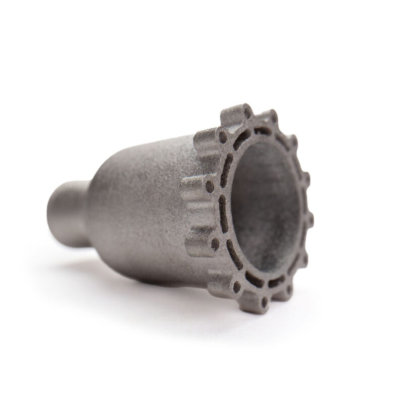 A metal mechanical part with a hollow cylindrical shape, featuring a flanged end with multiple notches around the edge.