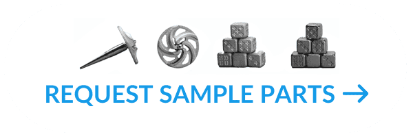 Image showing four different metallic 3D-printed sample parts— a spike, a circular gear, and two stacks of metal cubes. Text below reads "REQUEST SAMPLE PARTS →".