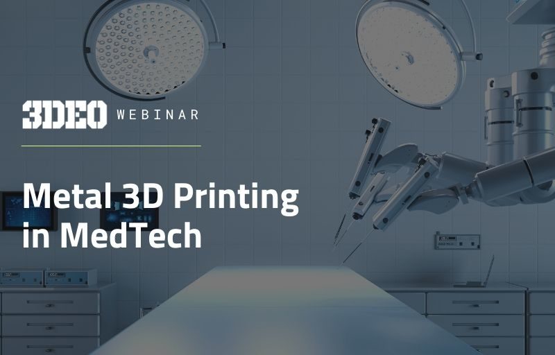 An image featuring a high-tech medical room with robotic arms, two overhead lamps, and a display announcing a webinar titled "metal 3d printing in medtech".