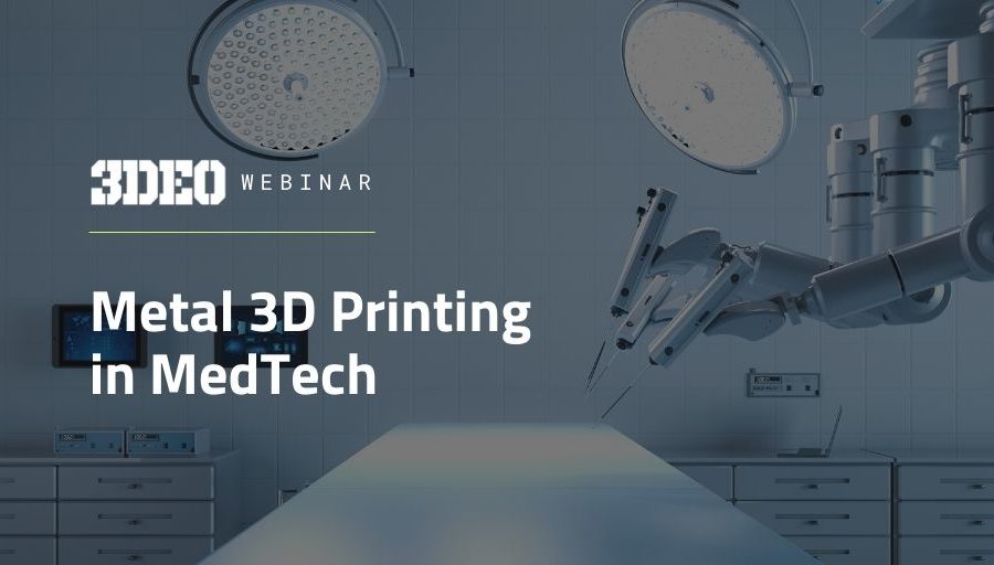 An image featuring a high-tech medical room with robotic arms, two overhead lamps, and a display announcing a webinar titled "metal 3d printing in medtech".