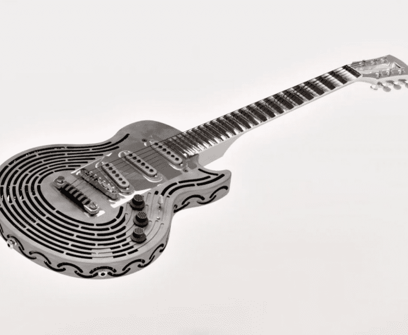 A black and white image of a unique, intricately designed resonator guitar with a spiral pattern on its body, created using a metal 3D printing service.