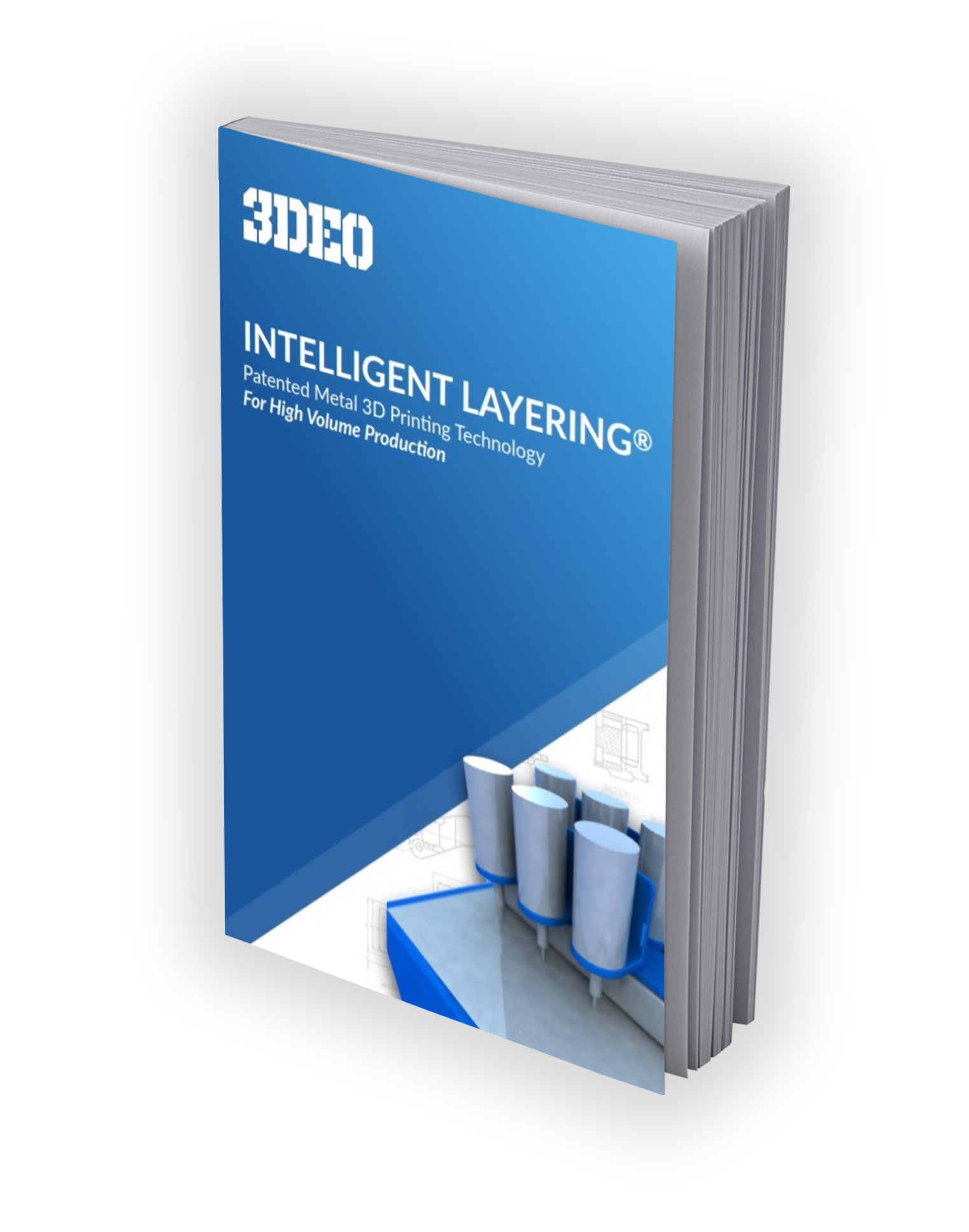 A 3d book cover featuring the title "intelligent layering" with images of metal 3d printing technology and the logo of 3deo.