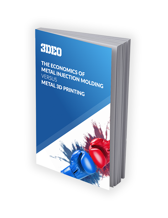A book titled "the economics of metal injection molding versus metal 3d printing," featuring a cover with red and blue metallic chess pieces colliding.
