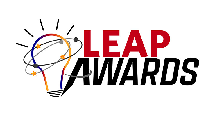 Logo for the leap awards featuring a light bulb intertwined with an orbiting atom design and the text "leap awards" in bold red and black lettering.