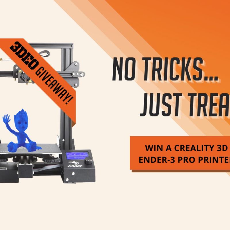 Image of a 3D printer with a giveaway banner. Text reads "NO TRICKS... JUST TREATS! WIN A CREALITY 3D ENDER-3 PRO PRINTER!" on an orange gradient background.
