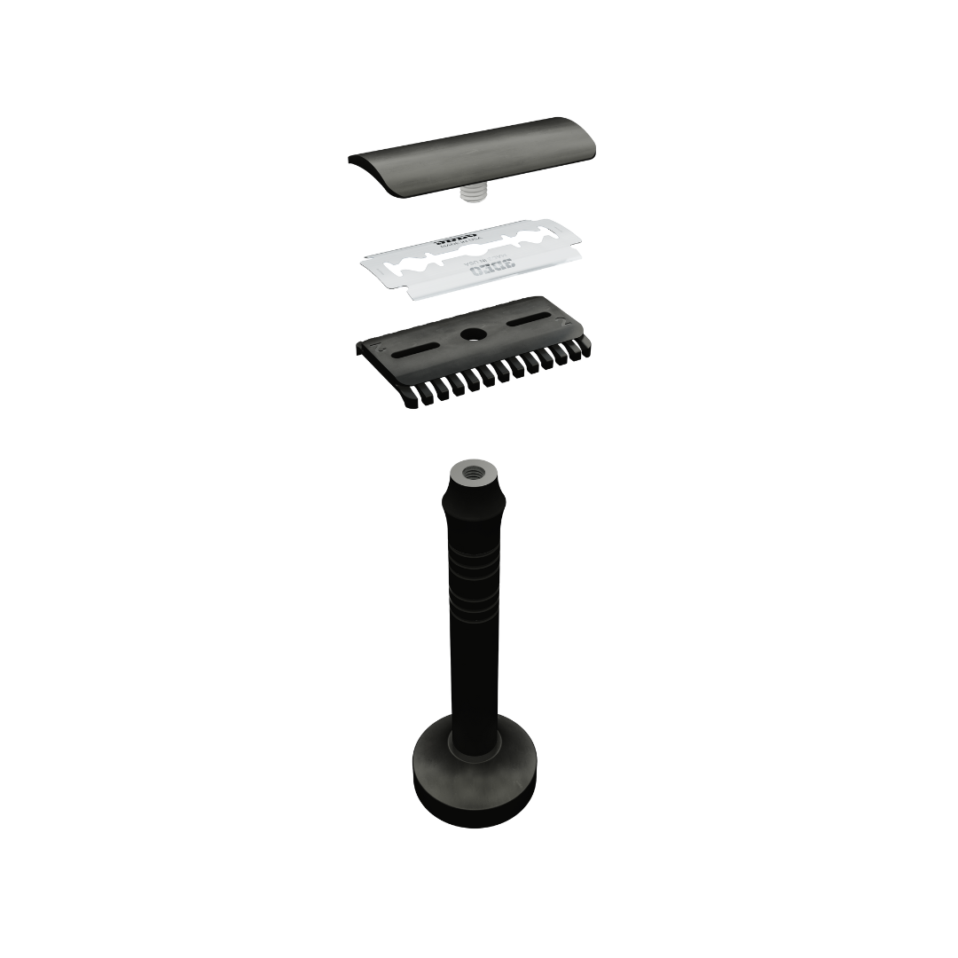 Exploded view of a razor, showing handle, blades, and casing components, arranged vertically on a black background.