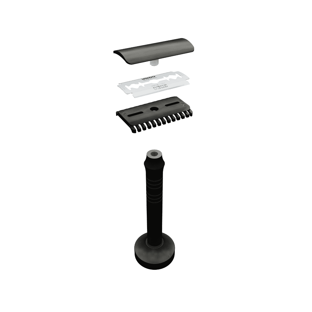 Exploded view of a razor, showing handle, blades, and casing components, arranged vertically on a black background.