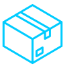 Icon of a three-dimensional, open cardboard box, depicted in a cyan blue line art style on a black background, containing metal 3D printed parts.