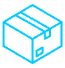 Icon of a three-dimensional, open cardboard box, depicted in a cyan blue line art style on a black background, containing metal 3D printed parts.