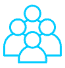 Simple blue icon depicting four generic human figures arranged closely together, indicating a concept of a group or community, reminiscent of the intricate unity often seen in metal 3D printed parts.
