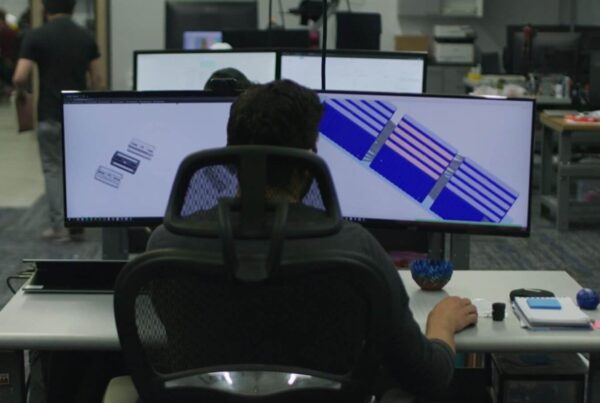 A person sitting at a desk with a large monitor displaying complex diagrams, surrounded by office equipment and other desks in an open-plan office.