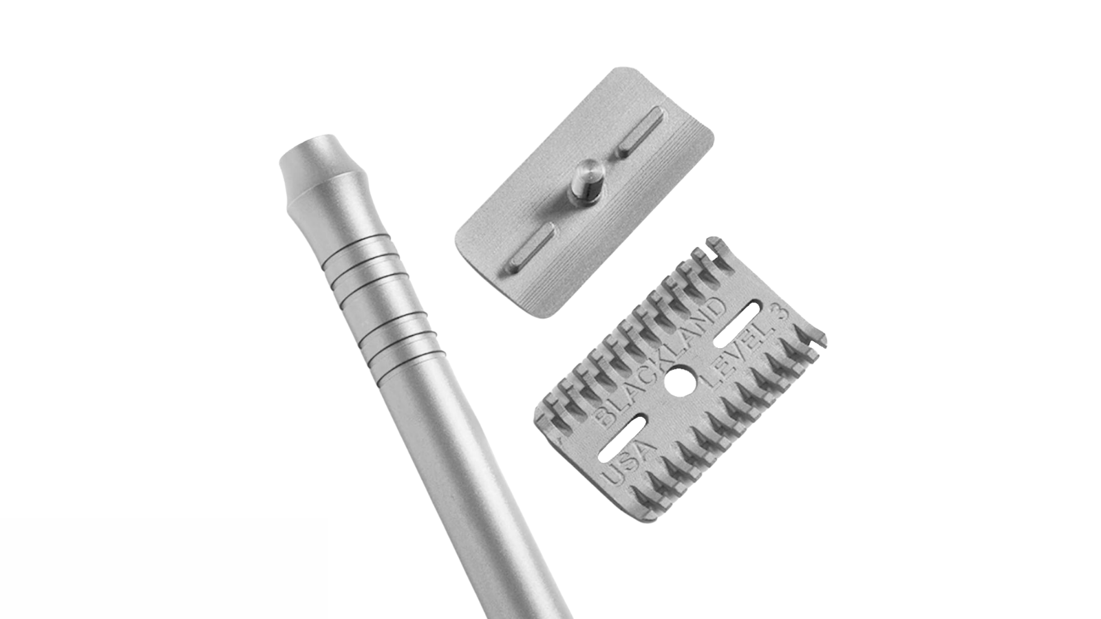 Three 3D printing case studies on metal shaving razor components isolated on a white background: handle, blade, and head.