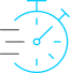 A blue line icon of a stopwatch, featuring a start/stop button and second and minute hands, on a solid black background with 3D metal printed sample parts.