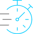 A blue line icon of a stopwatch, featuring a start/stop button and second and minute hands, on a solid black background with 3D metal printed sample parts.