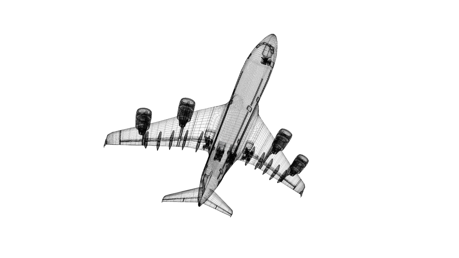 Transparent wireframe model of an airplane from a bottom-up perspective, displayed against a black background.