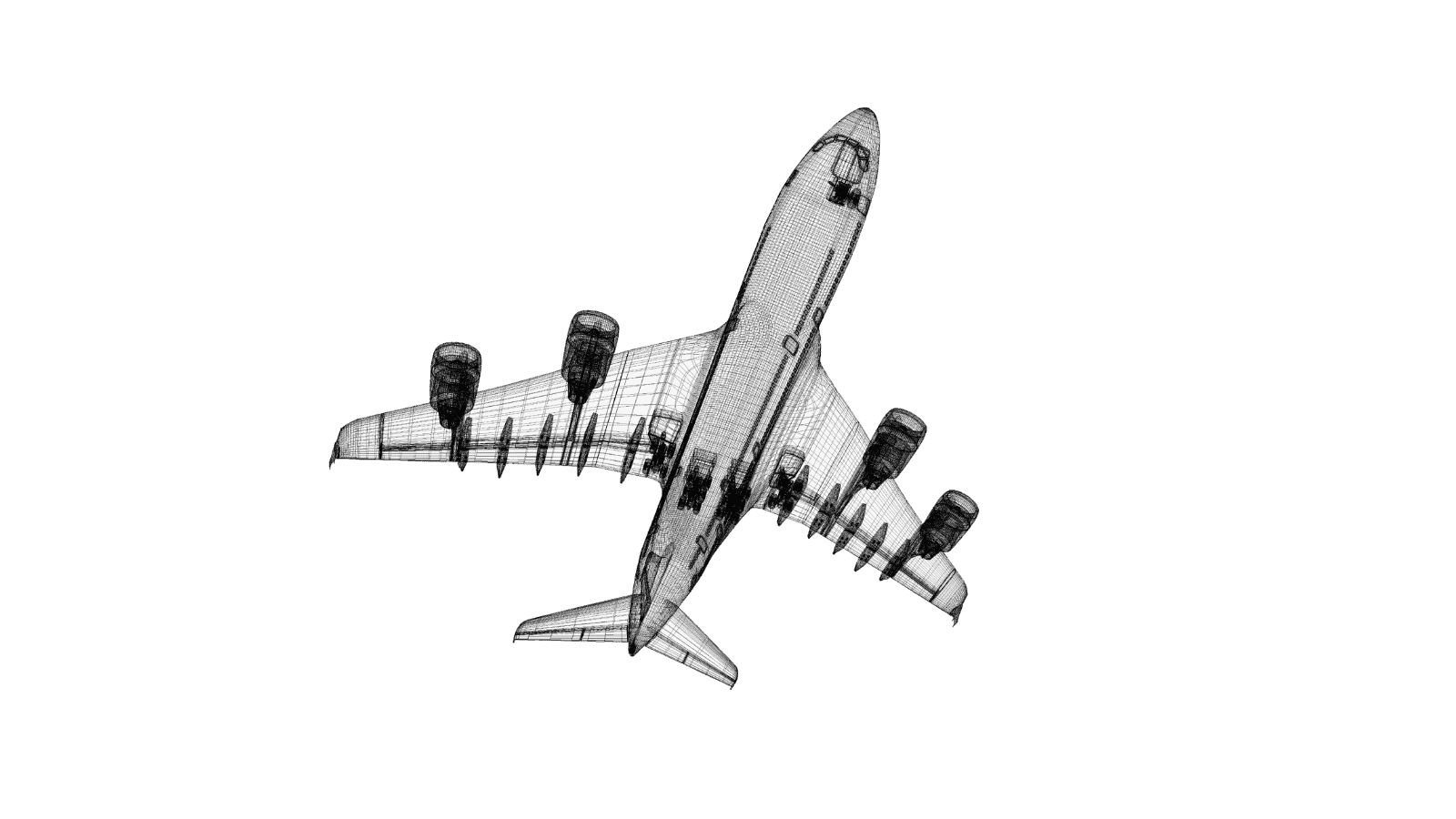 Transparent wireframe model of an airplane from a bottom-up perspective, displayed against a black background.