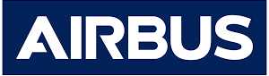 Logo of airbus featuring bold, uppercase letters against a navy blue background.