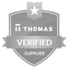 A grayscale badge displaying "Thomas Verified Supplier" with a star and check mark symbol, highlighting expertise in metal 3D printing.