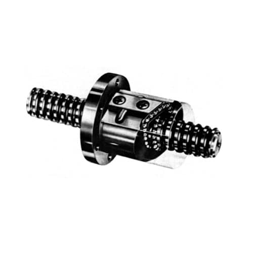 Image of a ball screw assembly, showing a grooved shaft with a nut and recirculating ball bearings. Used for converting rotational motion into linear motion in mechanical systems, this precision component is increasingly integrated into metal 3D printing applications for enhanced accuracy.
