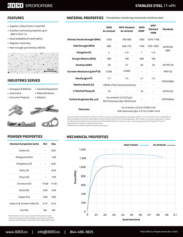 Technical specifications sheet for Stainless Steel 17-4PH. Includes features, industries served, powder properties, material properties, mechanical properties, a showcase of 3D metal printed sample parts, and contact information for 3DEO.