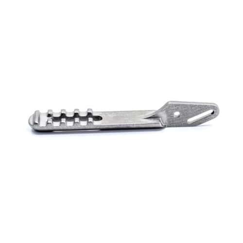 A metal bracket or clamp with multiple grooves and a hole at one end, likely used for securing or organizing cables or components, showcases the versatile potential of metal 3D printing applications.