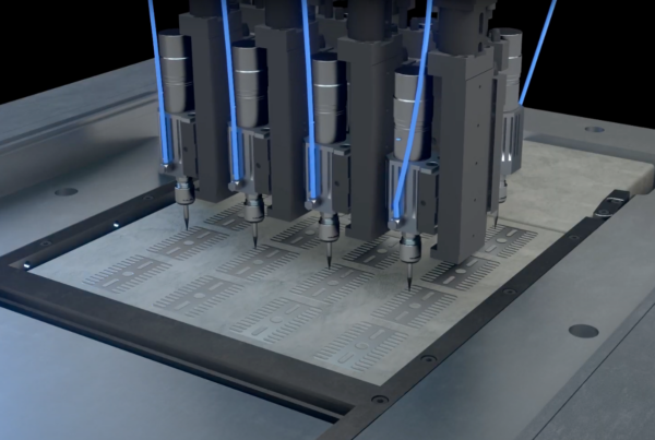 3DEO's Intelligent Layering technology in use as the spindles cut part geometry into the metal powder bed.