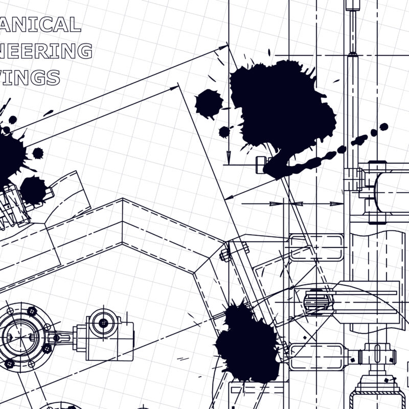 Mechanical engineering blueprint with technical drawings, ink splatters, and hints of assembly complexity. The text "MECHANICAL ENGINEERING DRAWINGS" is in the top left corner.