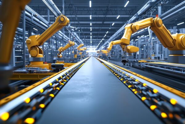 Robotic arms line both sides of a long conveyor belt in an automated factory setting, exemplifying bridge production. This high-tech environment efficiently manages metal part production without tooling, suggesting an innovative approach to mitigate supply chain delays.