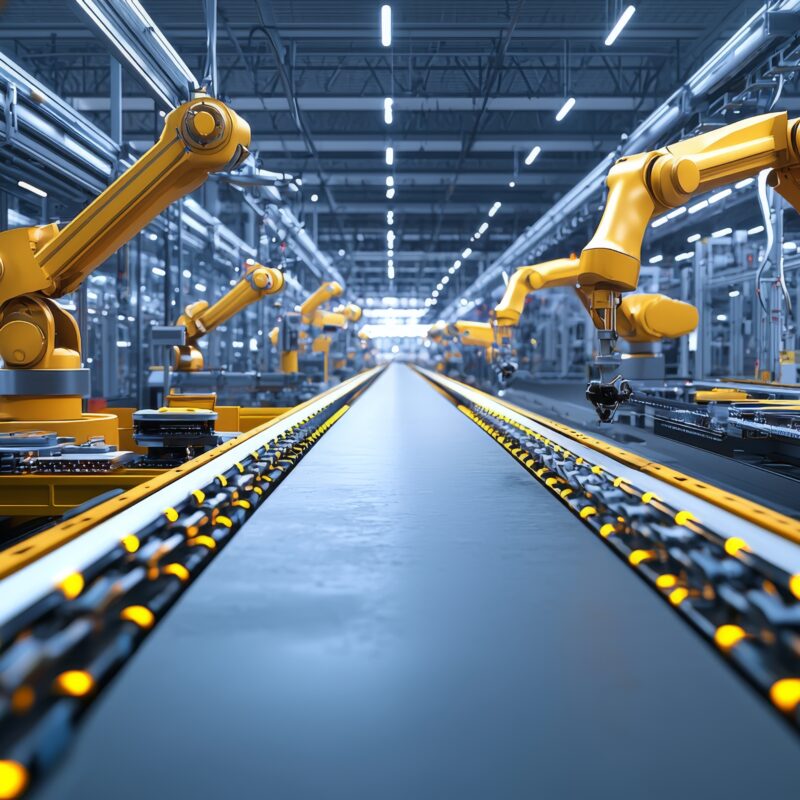Robotic arms line both sides of a long conveyor belt in an automated factory setting, exemplifying bridge production. This high-tech environment efficiently manages metal part production without tooling, suggesting an innovative approach to mitigate supply chain delays.